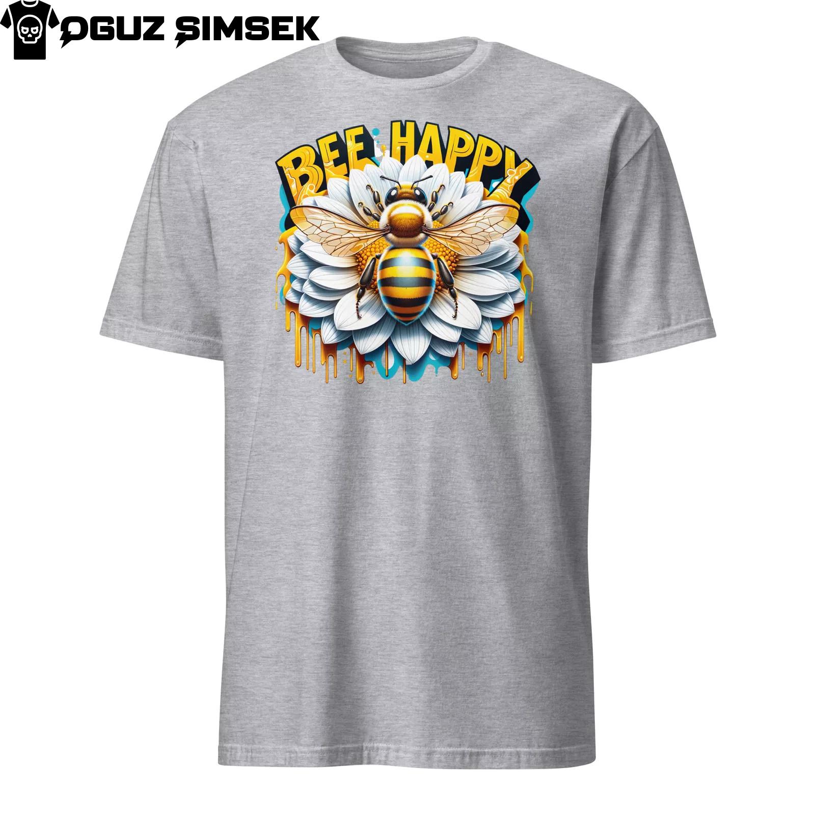 Bee Happy Unisex T-Shirt Mens Womens Tees Top: Bee Flower Graffiti Lettering | Trendy Fashion Tee 3XL