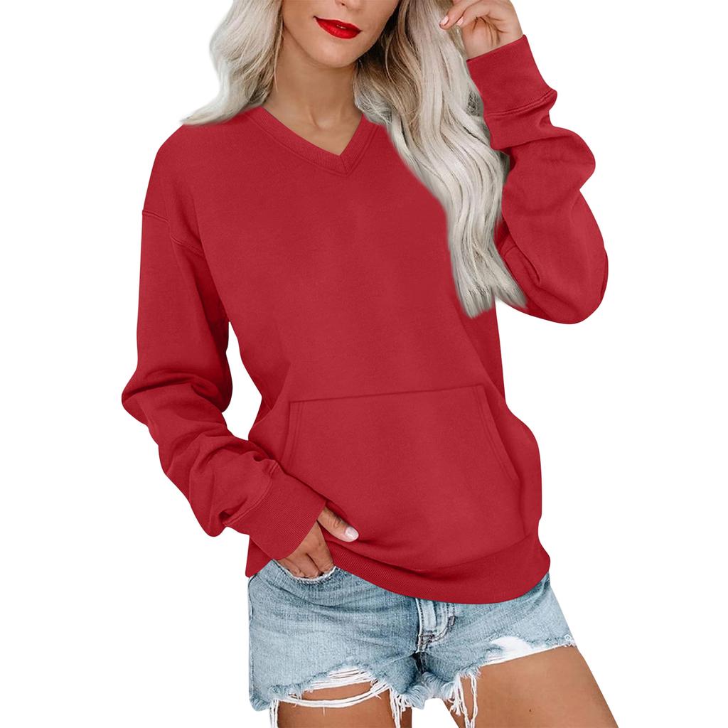 Women's Casual Fashion Solid Color V-Neck Long Sleeve Sweatshirt Lightweight Pullover With Pockets Warm Sweatshirt