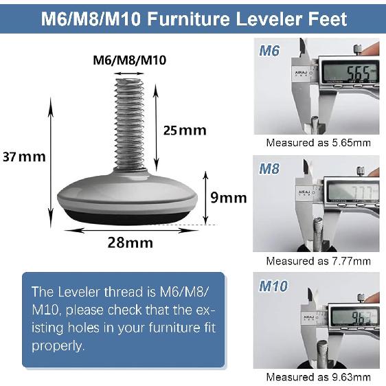 20 Pack Adjustable Leveling Feet, M6/M8/M10 Furniture Levelers, Heavy Duty Furniture Leveling Feet Metal Furniture Leveling Table Legs Screw for