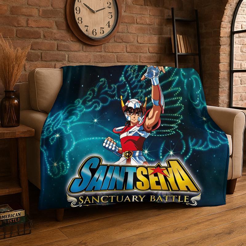

Retro Saint Seiya Anime Cartoon Flannel Blanket Soft Warm Throw Blanket for Bedroom Living Room Bed Travel Camping Picnic Gift 75x90cm