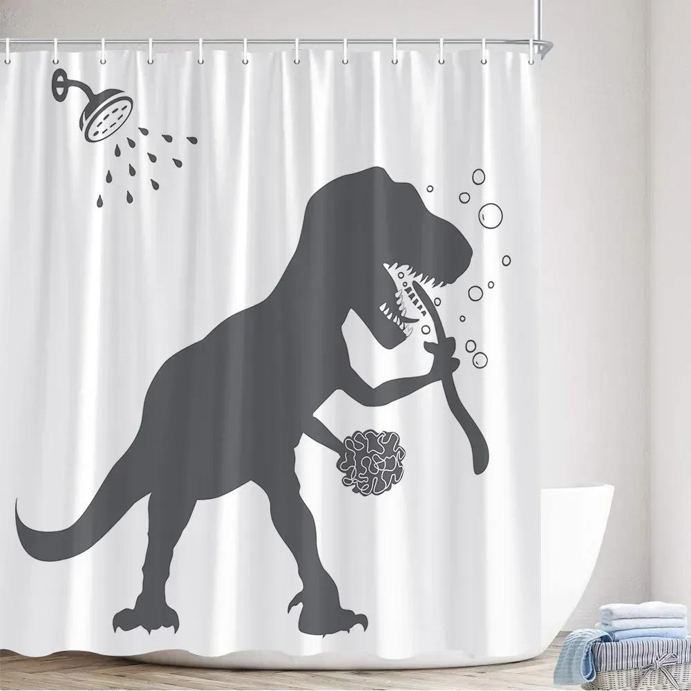 

Funny Dinosaur Shower Curtains for Kids Black White Cartoon Bathing Animal Silhouette Fabric Child Bathroom Decor Set with Hooks 160X180cm