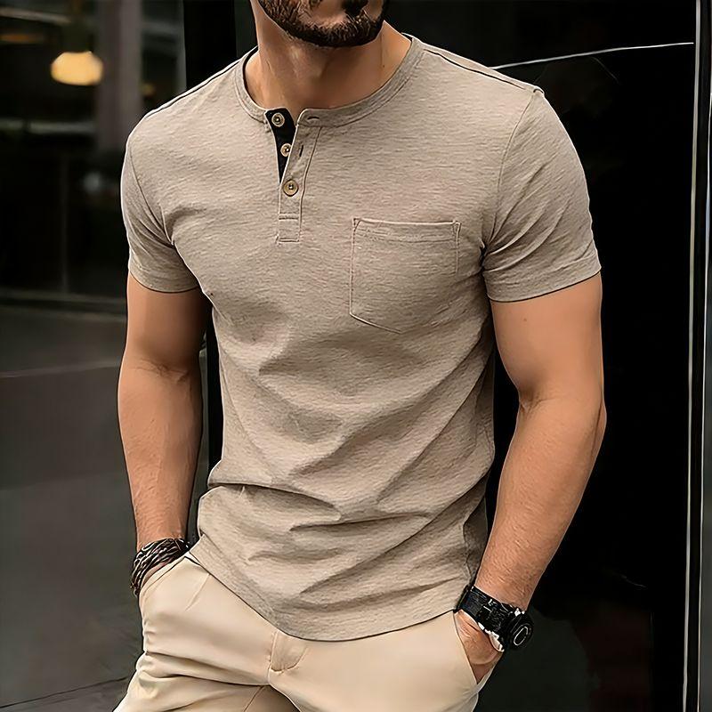 

Men s Summer Solid Color Pocket T-Shirts Button Henry Collar Casual Daily Office Short Sleeve Top Tees Hip Hop Streetwear Tee XXL хакі