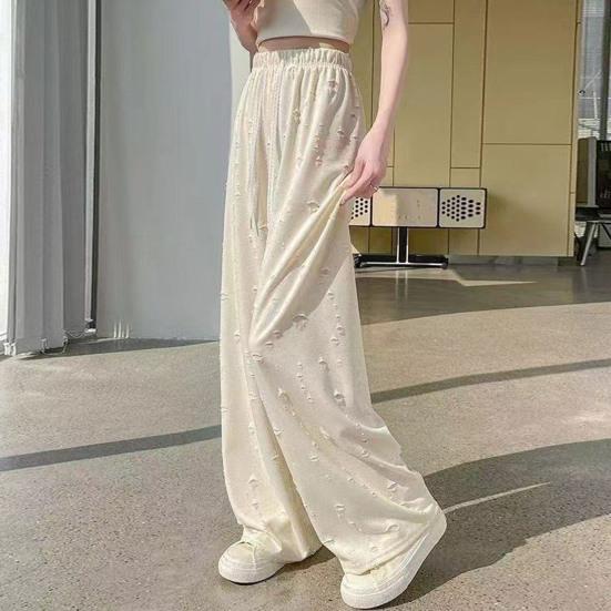 Damenhosen Elastisch Hohe Taille Verstellbarer Kordelzug Einfarbige Weiter Bein Lässige Hosen Durchlöchertes Design Lockere Passform Lang