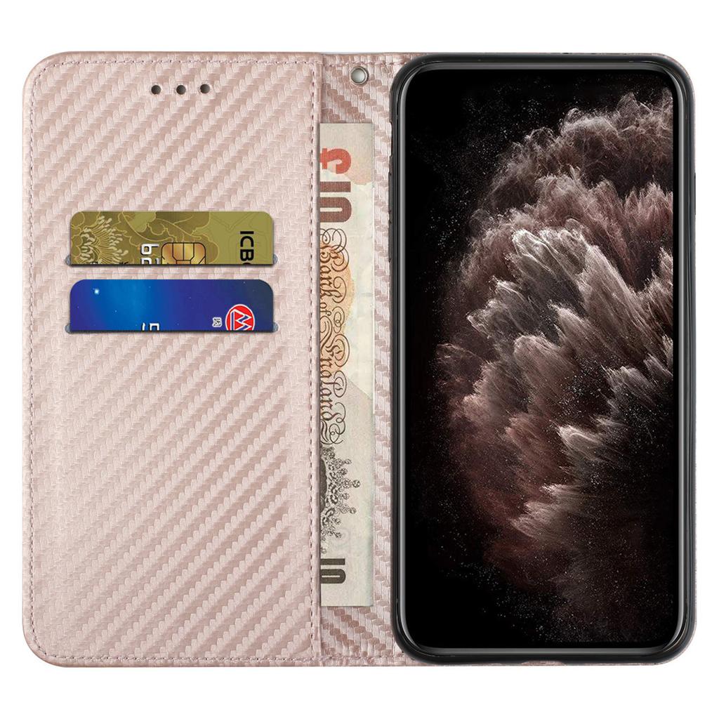Für iPhone 15 Pro Carbonfaser-Textur PU-Leder+TPU Brieftaschen-Etui Ständer Handyhülle