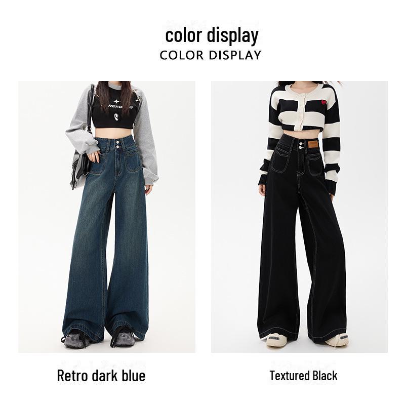Dámské tmavě modré džíny s vysokým pasem a širokými nohavicemi na jaro 2025: Retro inspirované, až na zem, volný, ale zeštíhlující střih
