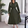Frühling Sommer Damen Langarm Solid Plissee Hohe Taille A Linie V-Ausschnitt Langes Kleid