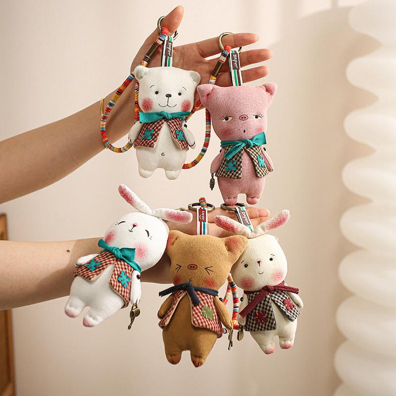 Fabric Handmade Animal Plush Toy Pendant Pig Rabbit Bear Stuffed Doll Keychain Backpack Pendant Car Key Holder Birthday Gifts