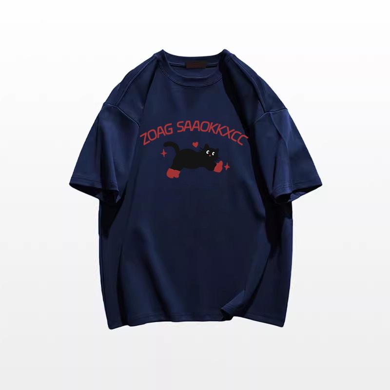 Women's Plus Size Retro Cartoon Kitten Cotton T-Shirt, Summer 2025 Collection, Short Sleeve, Off-Shoulder, Loose Fit.