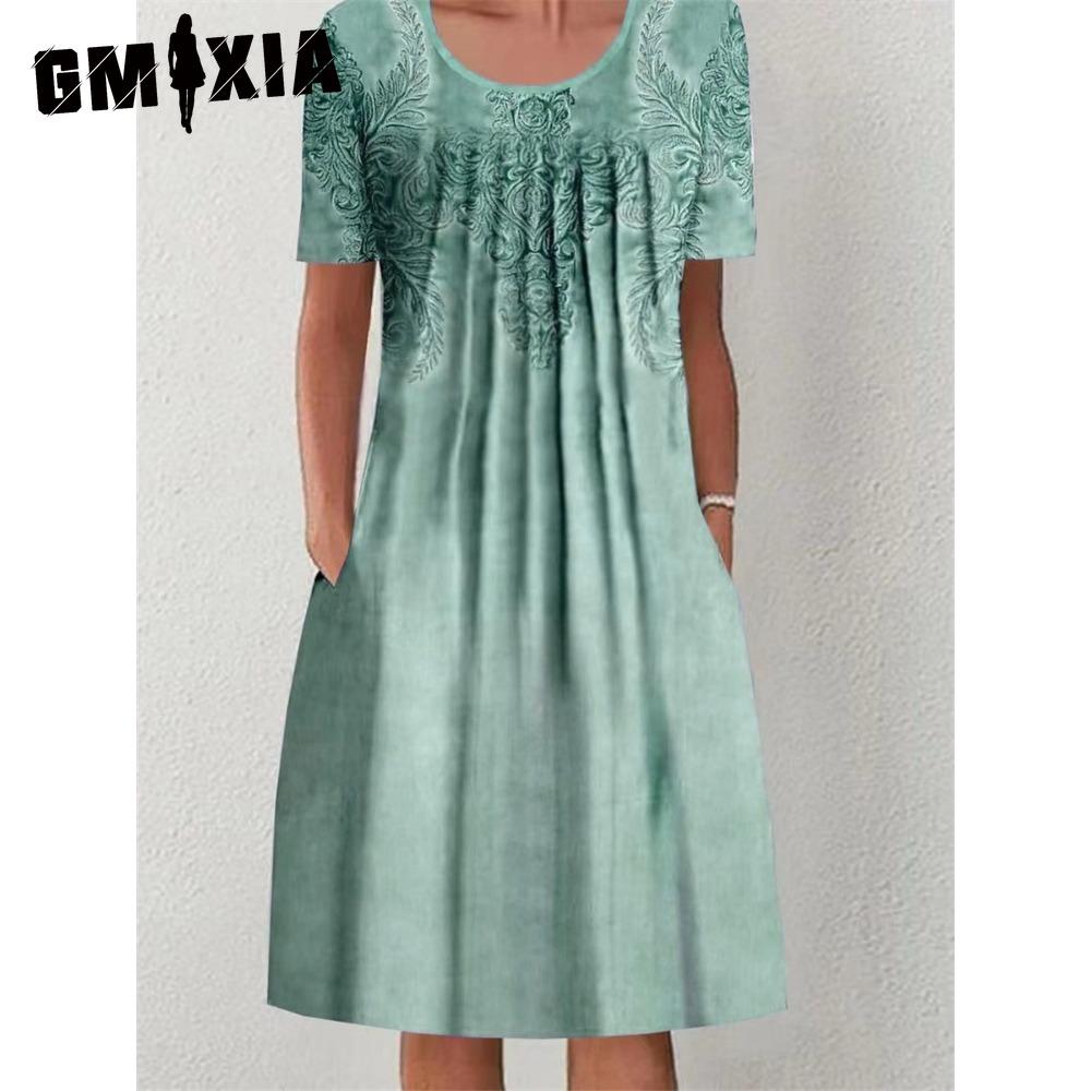 GMXIA 30 Color Pleated Midi Dress Short Sleeve Round Neck Loose Hem Mid-Calf Length Women Floral A-Line Party Dress Casual Wear