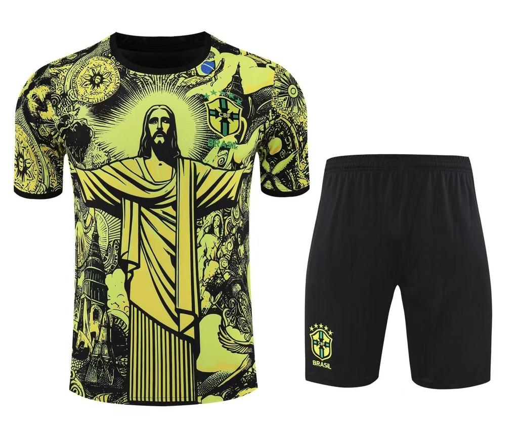 Brazil Training Jersey: 2526 Pre-Match Short Sleeve Football Uniform Set for Adults.