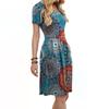 Women's Fashion Prints Pleated Loose With Pockets Round-Neck  Leisure Dress
