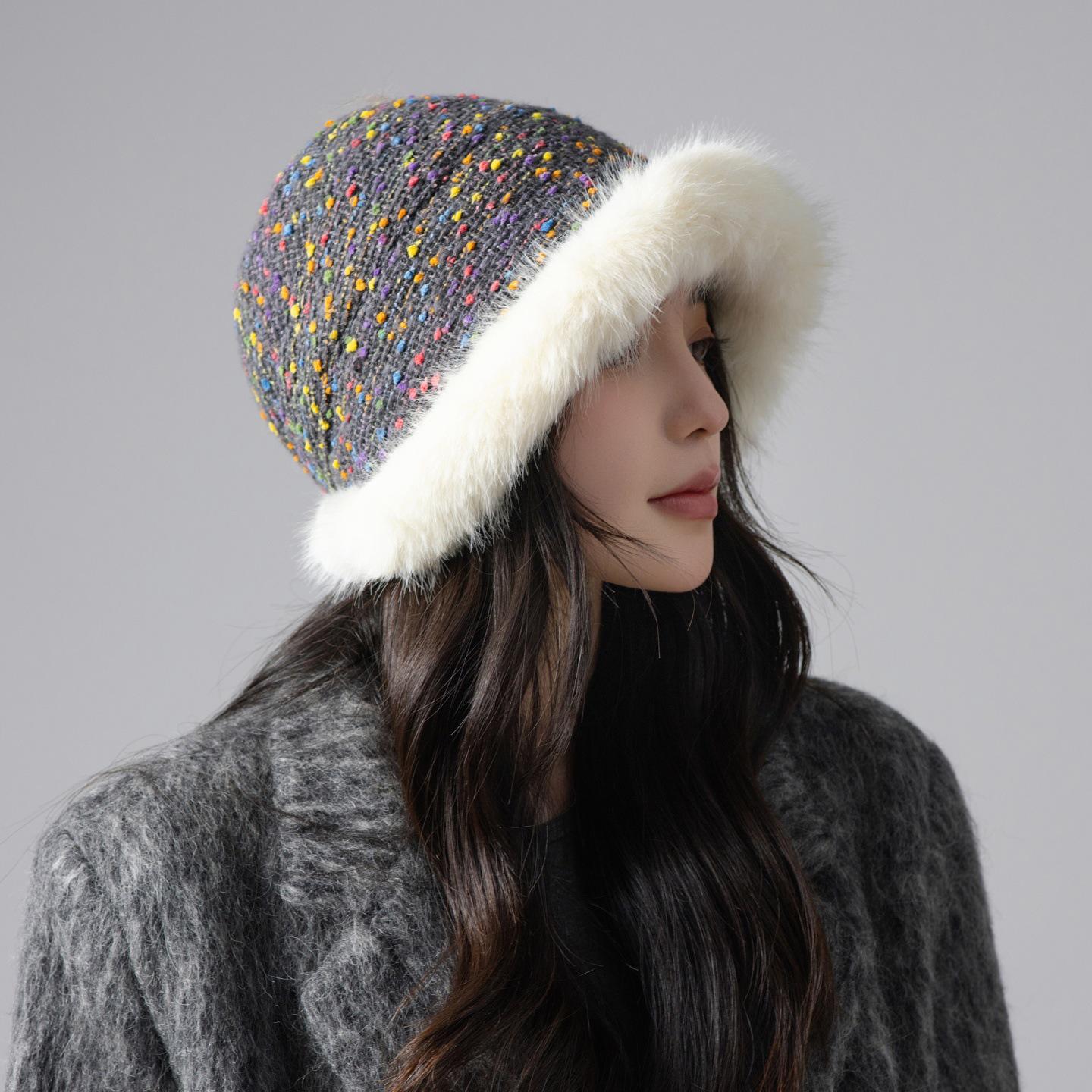 

2025 Women s Mixed Color Plush Fisherman Hat: Autumn/Winter Warm, Face-Slimming, Japanese Niche Style One Size