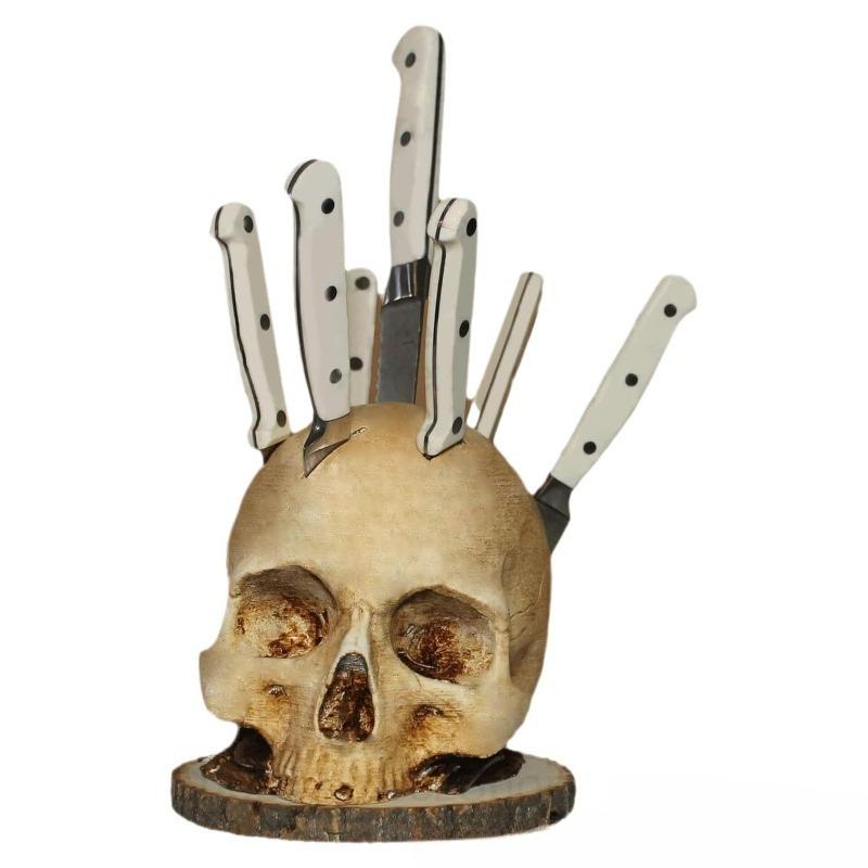 Halloween Skull Knife Holder Cutlery Stand Resin Ornament - Festive Horror Decoration Creative Tabletop Decoration for Halloween