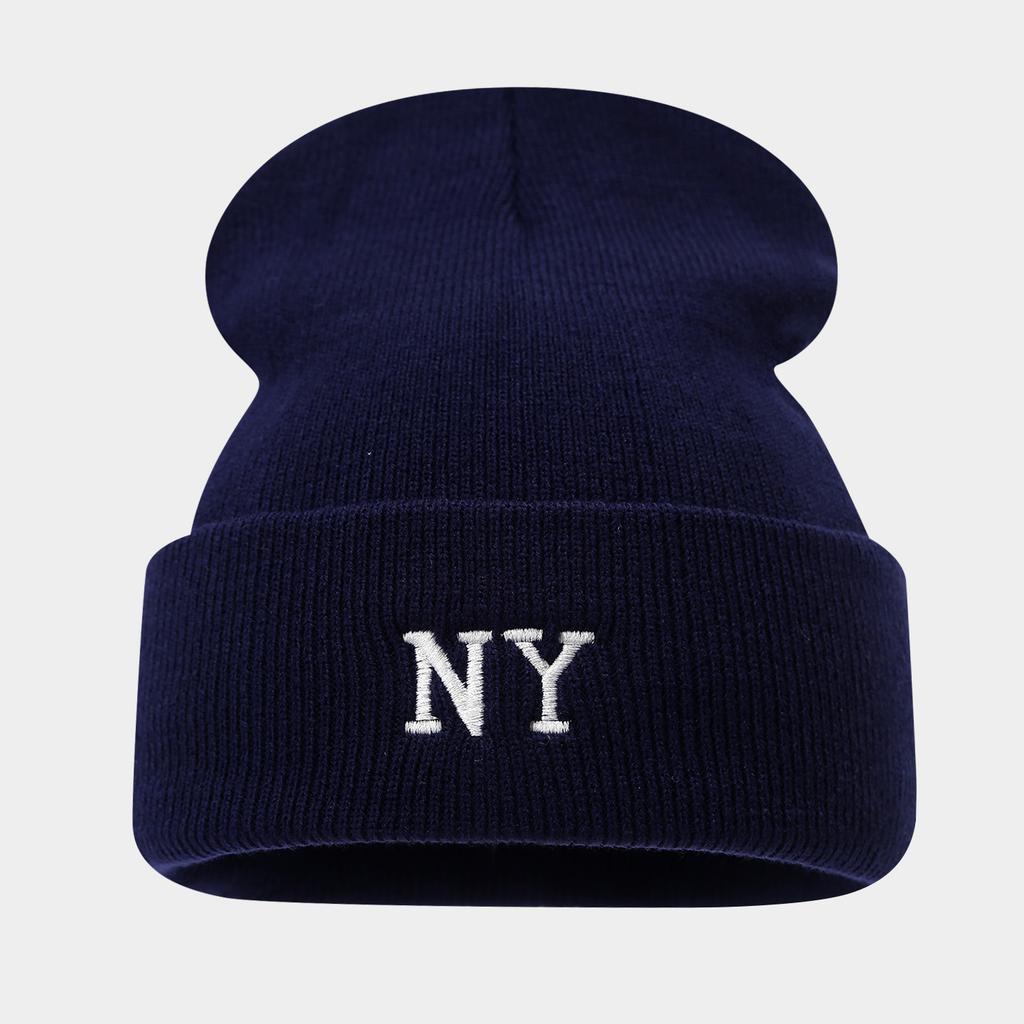 New NY Embroidered Ski Hat - Autumn & Winter Slouchy Knit Hat, Letter Woolen Hat, Unisex Beanie with Pom-Pom