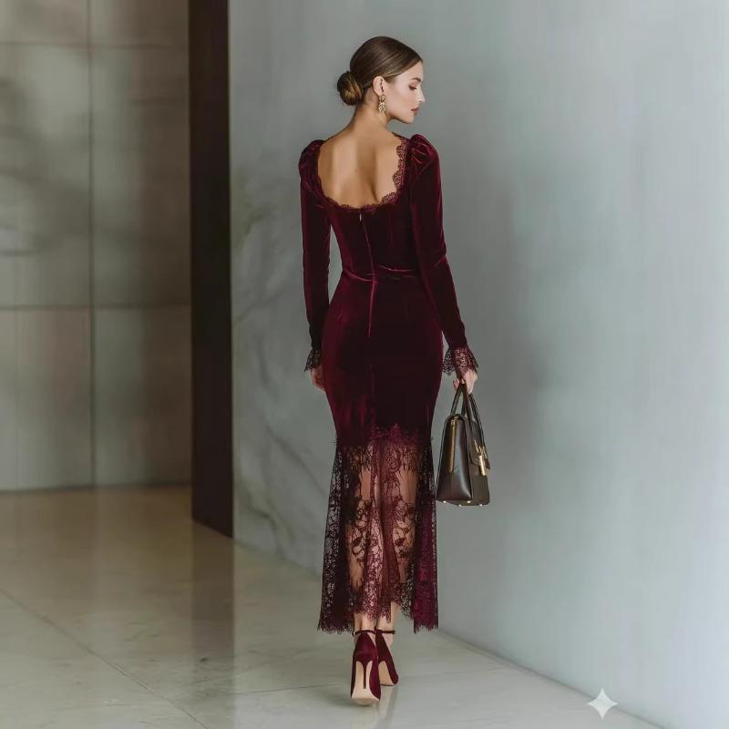 E-commerce Burgundy French Golden Velvet Fishtail New Dress Dress