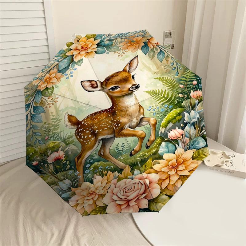 

1PC Deer Flowers Umbrella-8-Rib Reinforced Portable Folding Travel Suitable for All Seasons Outdoor Daily Use Is an Ideal Choice -K0397