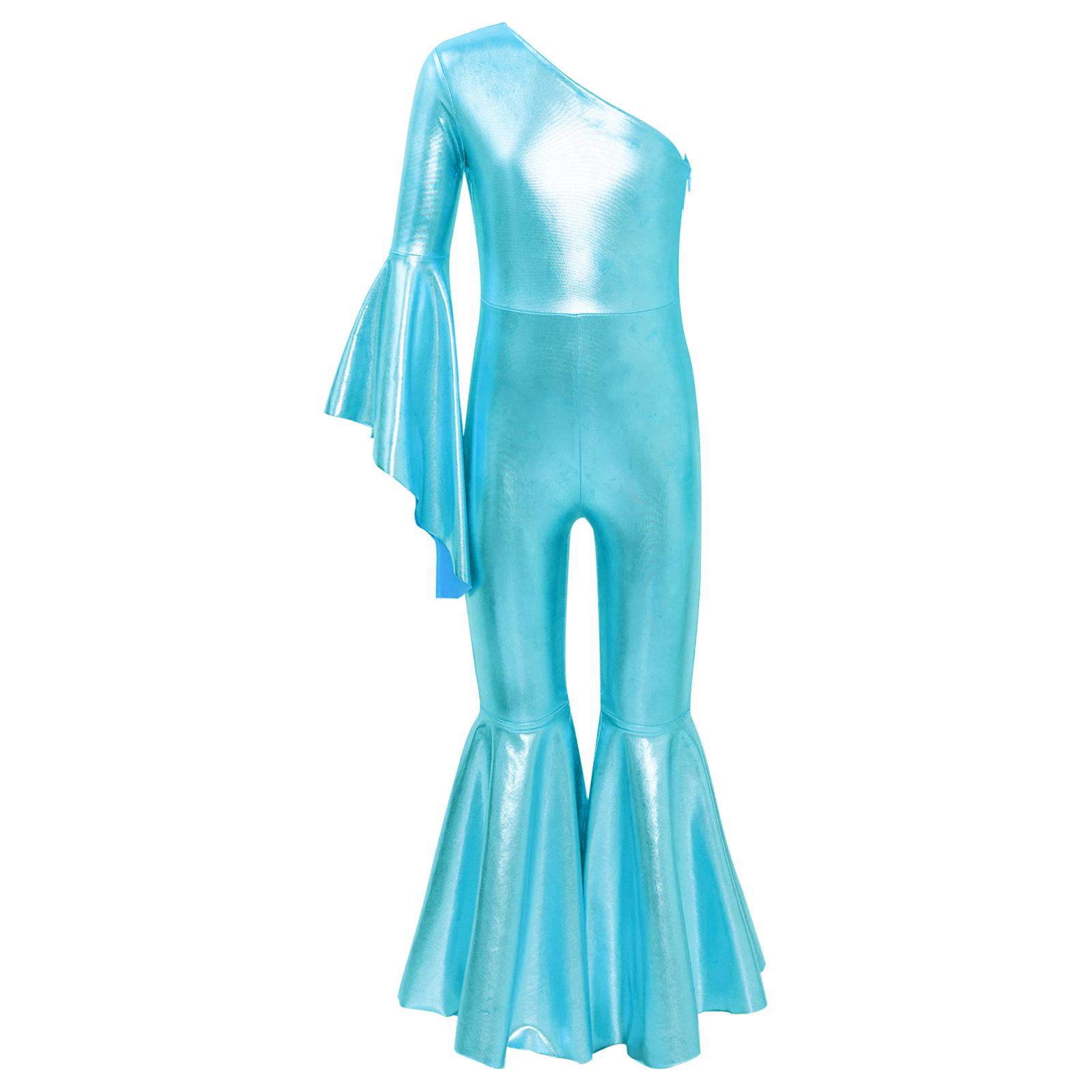 

Girls Metallic Shiny Bell Bottom Dance Jumpsuit Fashion One Shoulder Flare Sleeve Bodysuit Carnival Costume 5-6 Years синій