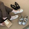 French New Product~ Silver Square Head Light Mouth Mary Jane Shoes Women's Spring and Summer New Leather Bow Ballet Shoes