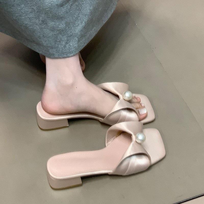 Bow pearl square head cool slippers female French versatile outer wear with skirt fairy one-word drag