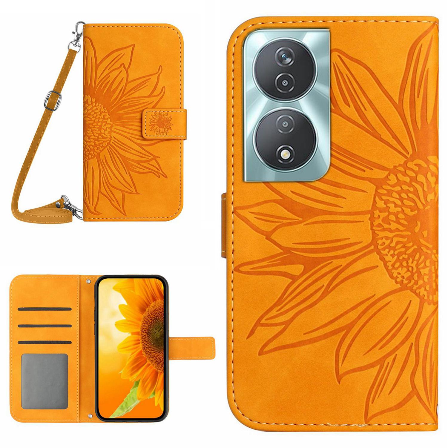 

HT04 For Honor 90 Smart/X7b 4G Case Sunflower Leather Phone Cover with Shoulder Strap Yellow