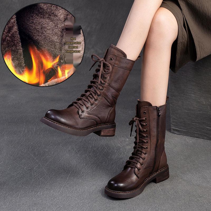 

Женские ретро мотоботы до середины икры на шнуровке из натуральной кожи в британском стиле 37