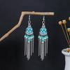 Turquoise Bohemian Owl Feather Tassel Earrings - Bronze Geometric Carved Design with Palm and Dreamcatcher Elements