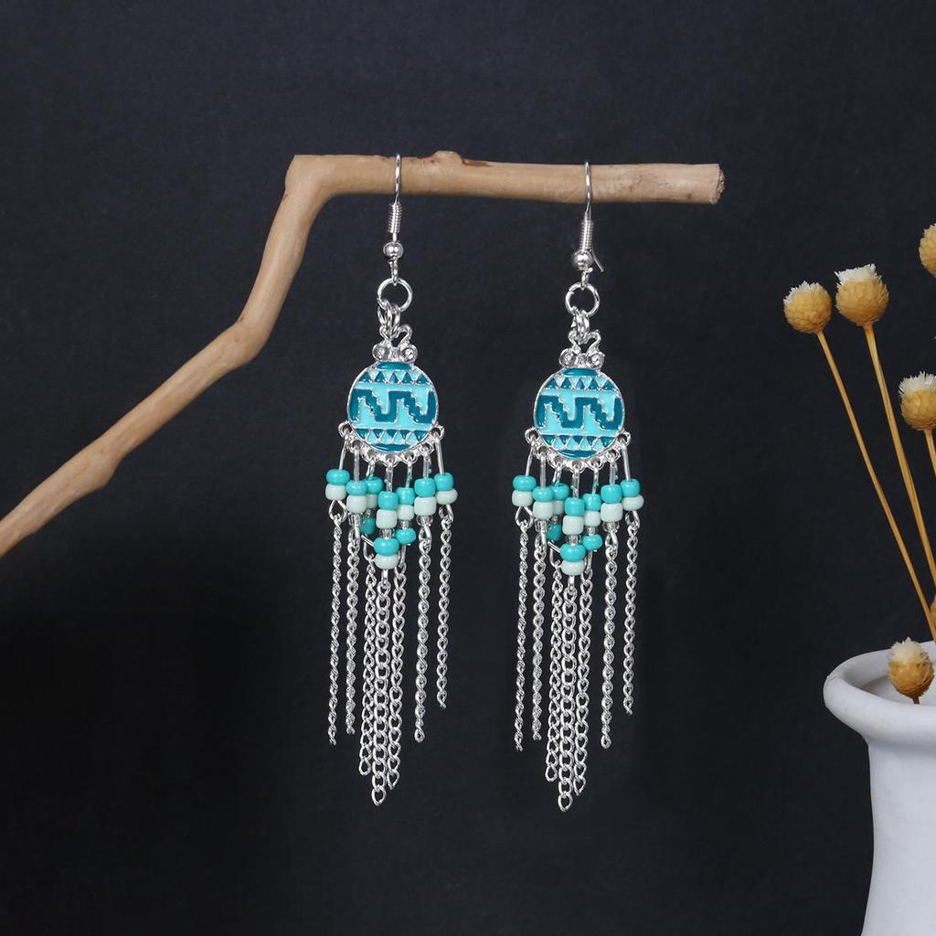 Turquoise Bohemian Owl Feather Tassel Earrings - Bronze Geometric Carved Design with Palm and Dreamcatcher Elements