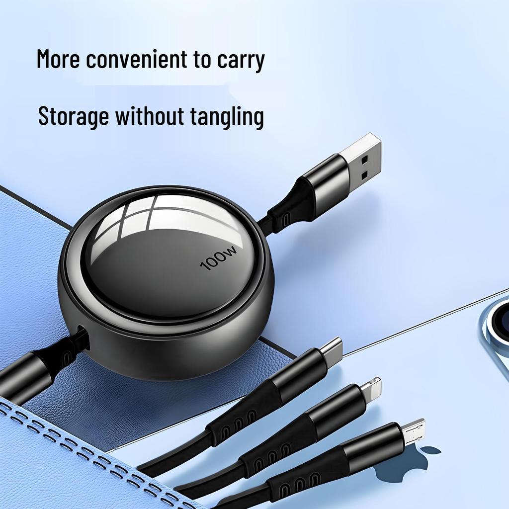 100W Fast-Charging Retractable Data Cable for Apple, Huawei, Android Type-C Devices