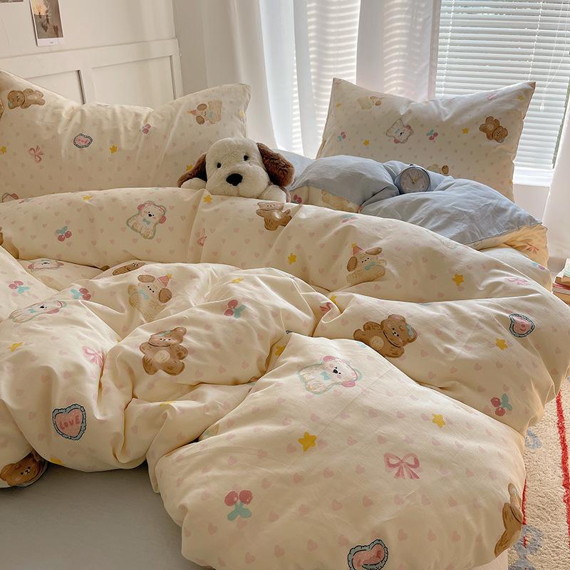 100% Pure Cotton Bed Four-piece Set Skin-friendly Water Wash Bed Sheet Quilt Cover Pillowcase Set