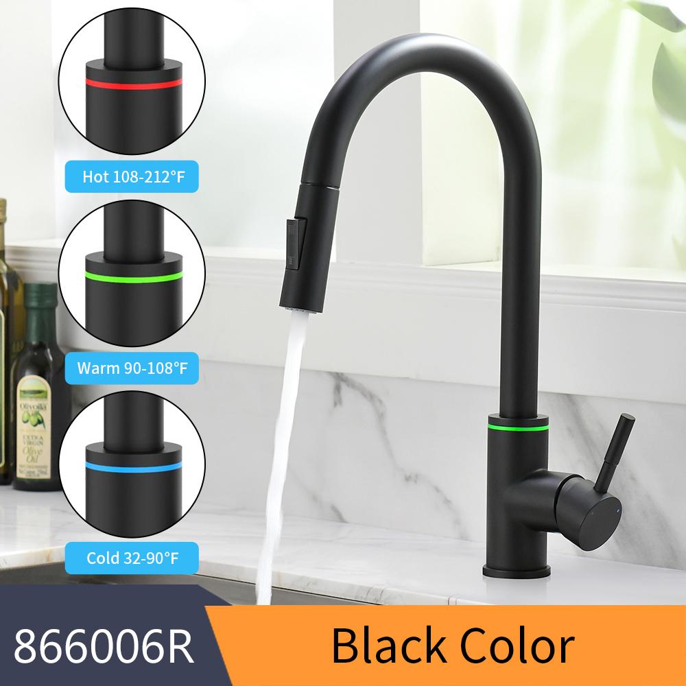 Brushed Nickel Kitchen Faucet Single Hole LED Style Pull Out Spout Kitchen Sink Stream Sprayer Head Black Mixer Tap LED 866006