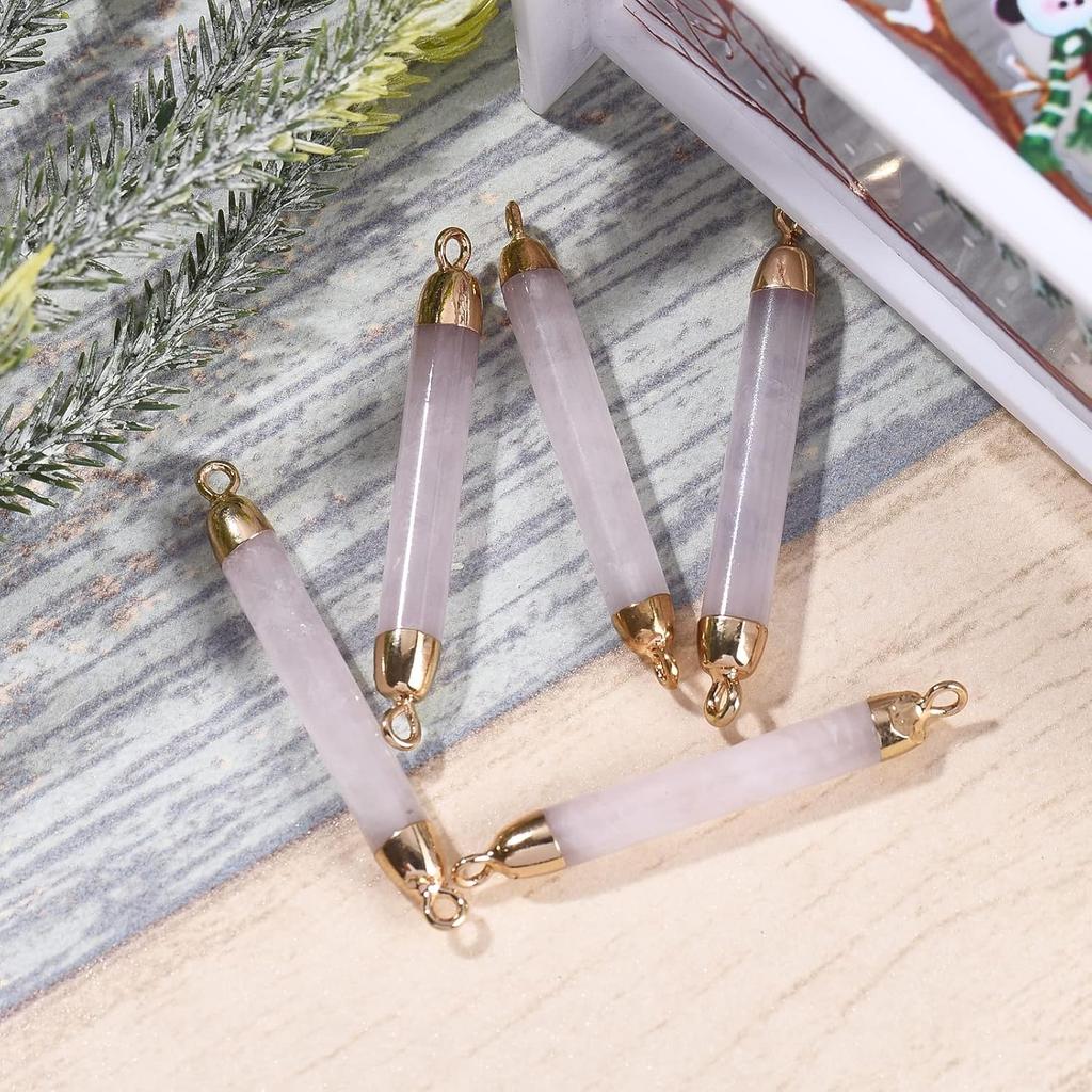 LiQunSweet 5 Pcs Natural Rose Quartz Crystal Stone Charm Connector Gemstones Links with Iron Findings Column Golden Bulk for Jewelry Making DIY