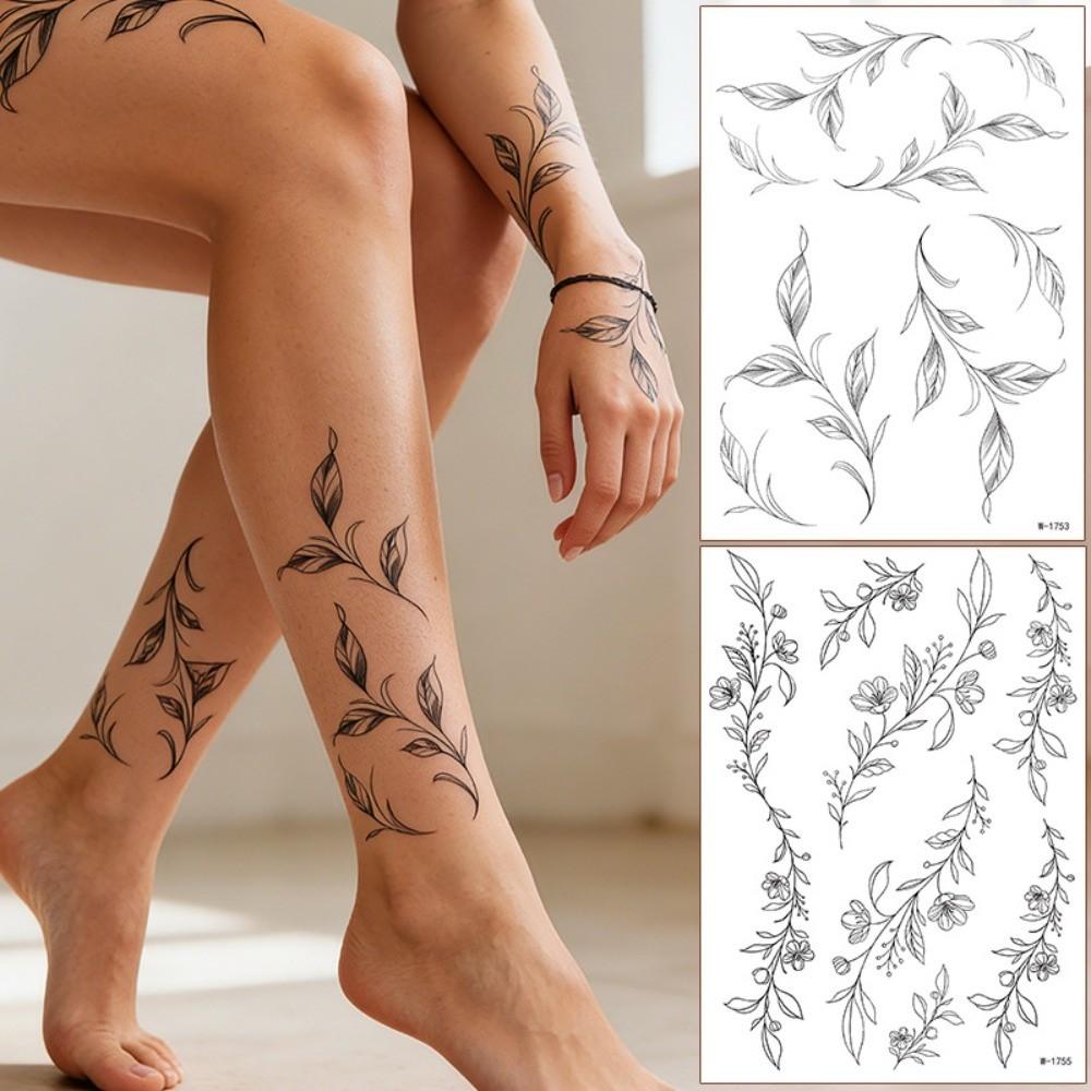 Long Lasting Black Flower Tattoo Stickers Waterproof Sketch Style Stickers Neck Shoulder Arm