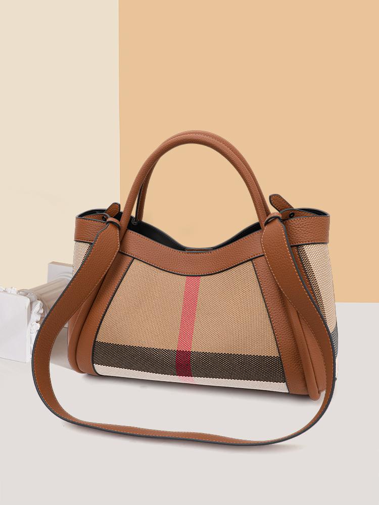 Aidrani  New Retro Checkered Women's Handbag, Large Capacity Luxury Bag, Canvas Genuine Leather Bag