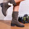 Faux Suede Slouchy Mid Calf Boots for Women Wide Calf Pull On Chunky Block Heel Boots Women's Comfortable Round Toe Fall Winter Low Heel Booties Shoes