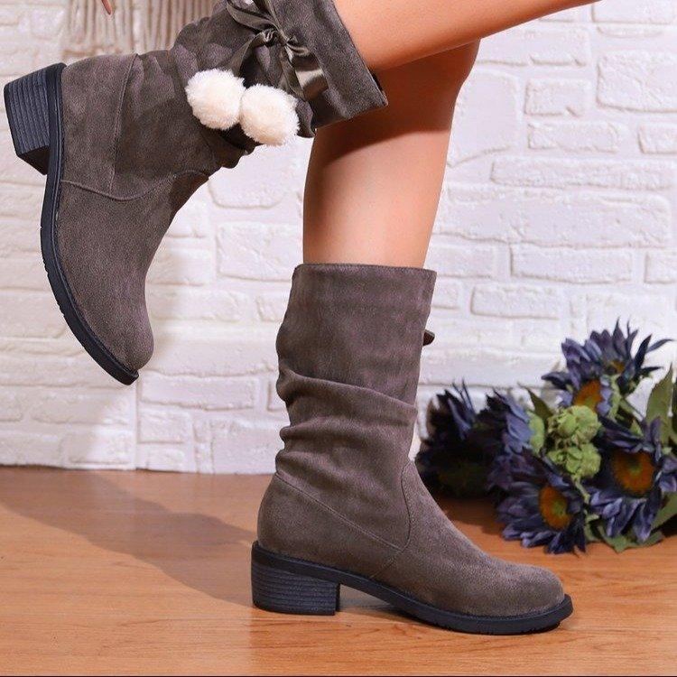 Faux Suede Slouchy Mid Calf Boots for Women Wide Calf Pull On Chunky Block Heel Boots Women's Comfortable Round Toe Fall Winter Low Heel Booties Shoes