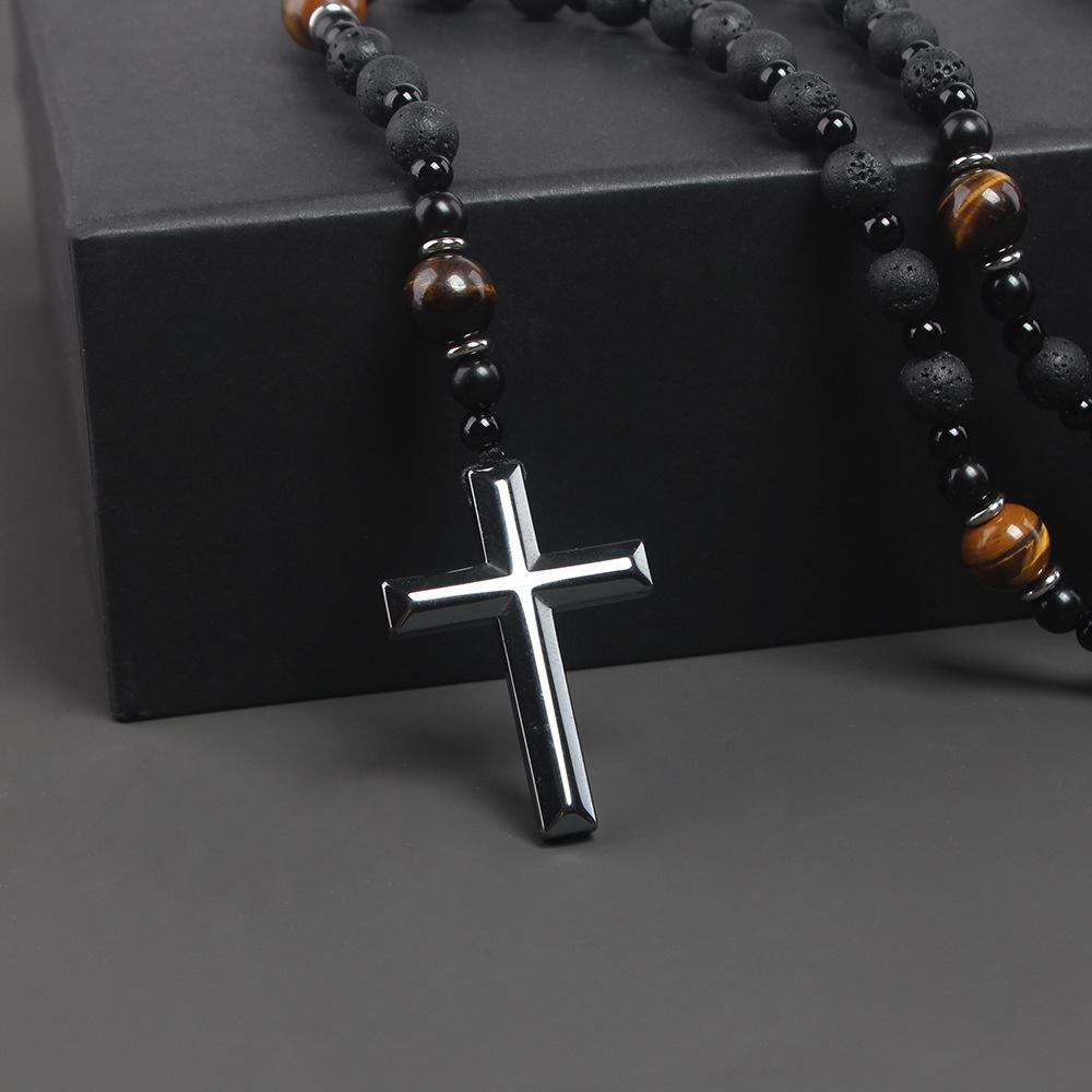 Collana Lunga in Pietra Lavica Naturale e Occhio di Tigre con Ciondolo a Forma di Croce in Ematite per Uomo Gioielli Rosario