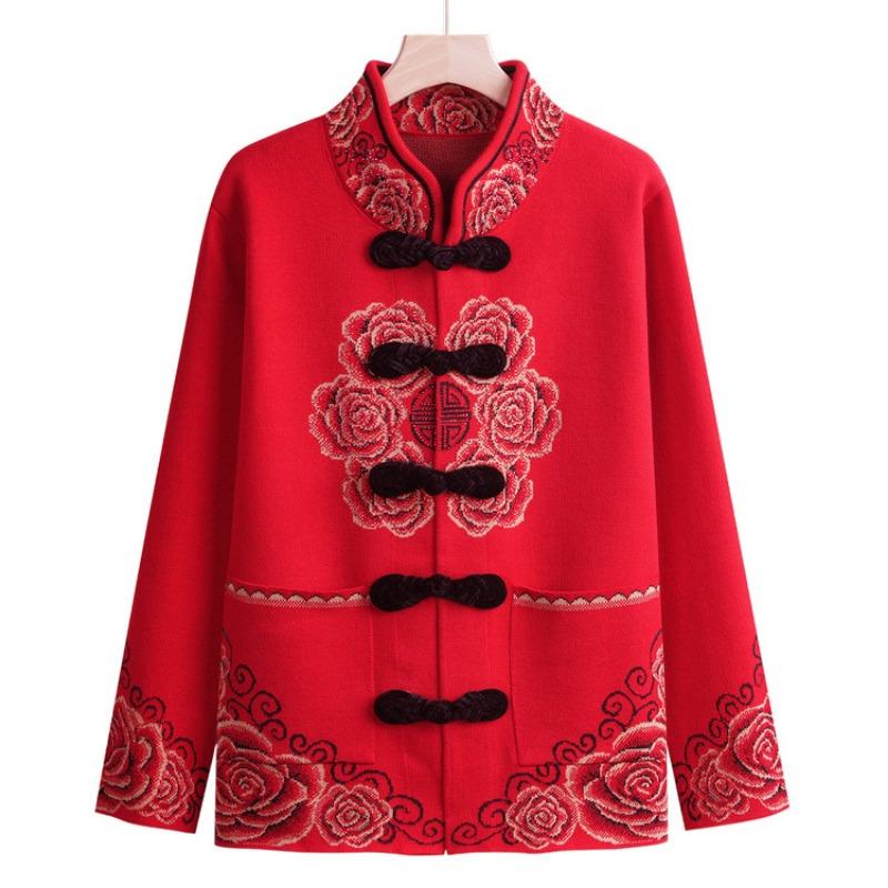 Middle Aged Woman Grandma Spring Coat Old Lady Autumn and Winter Natal Year Mother Dress Red Sweater Piled and Thickened