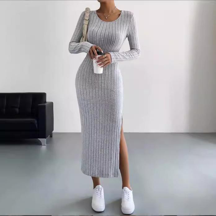 European & American Fall/Winter Long-Sleeve Round Neck Slit Knit Dress for Women