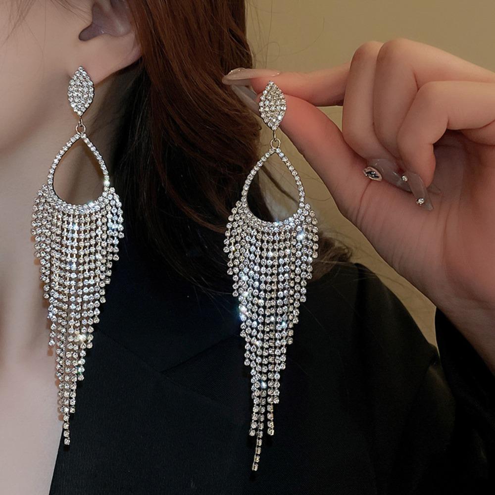 Luxury Temperament Shining Rhinestone Chain Long Fringe Dangle Earrings for Women Prom Wedding Party Statement Earrings Jewelry