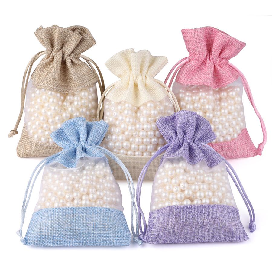 5Pcs Linen Drawstring Bags with See-Through Window, Organizer & Gift Pouch for Wedding Jewelry Store
