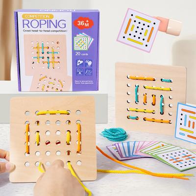 Montessori Wooden Rope Board Materiale manipolativo Array Block – Giocattoli educativi grafici con 20 carte e 6 corde