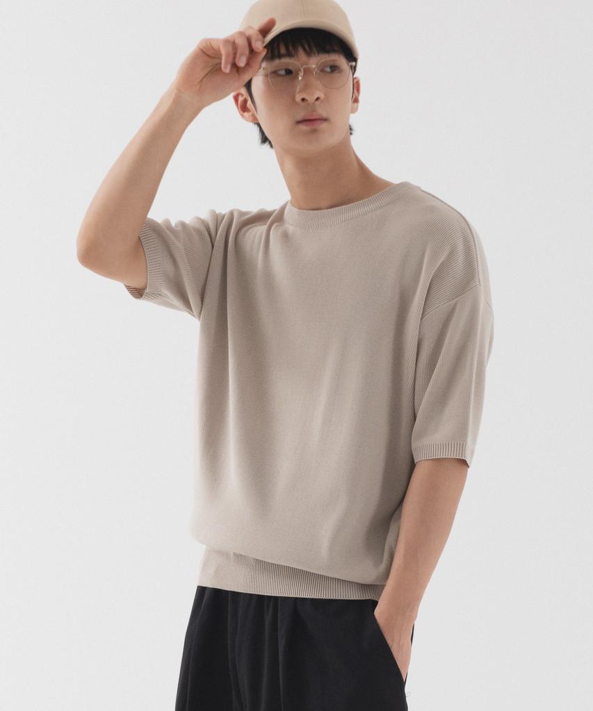 PIANER Classic Round Neck Short Sleeve Knit (Beige)