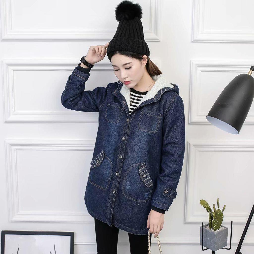 Women's Plus Size Hooded Denim Cotton Coat with Fleece Lining - Korean Style, Mid-Length, for Autumn and Winter.