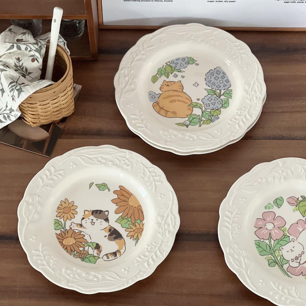 Japanese Cute Cartoon Cat Ceramic Relief Plate Dessert Cake Noodle Plate Household Dish Plate Western