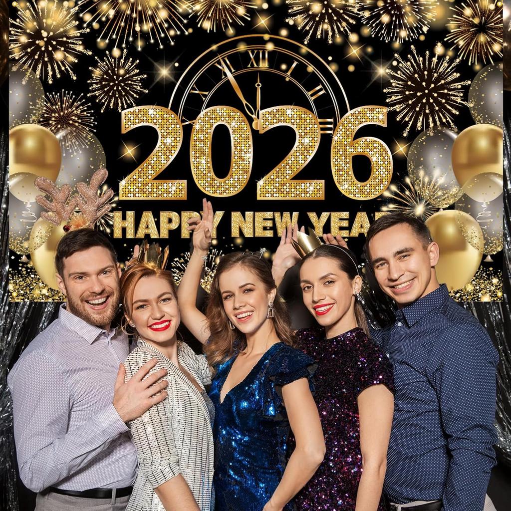 Large Happy New Year 2026 Banner, Black and Gold Happy New Year 2026 Banner, NYE Party Decorations for Boys, Girls, Friends, Celebrations Party Decor