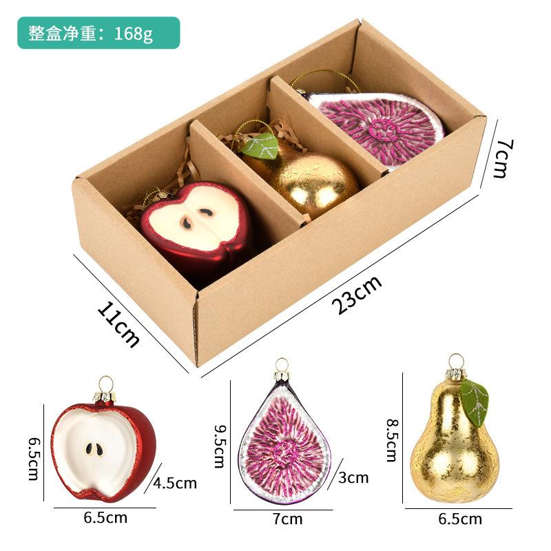 3Pcs Christmas Decorations Creative Hand-Painted Glass Pendant Fun Fruit and Vegetable Shaped Xmas Tree Hanging Ornaments Gifts