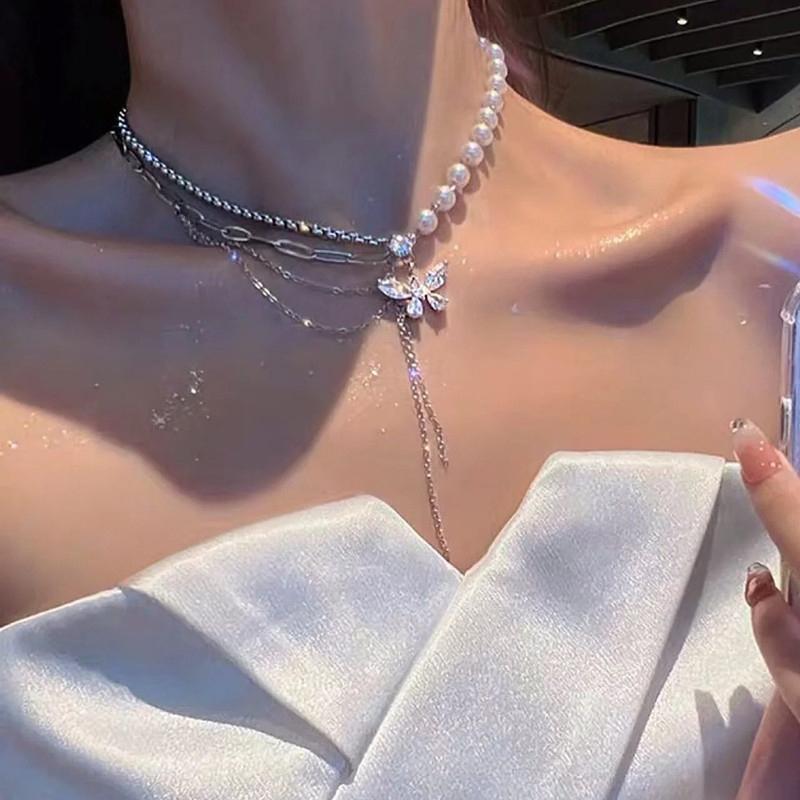 Shiny Butterfly Splicing Pearls Necklace For Women Sweet Simple Tassels Clavicle Chain Choker Trending Pendant Jewelry