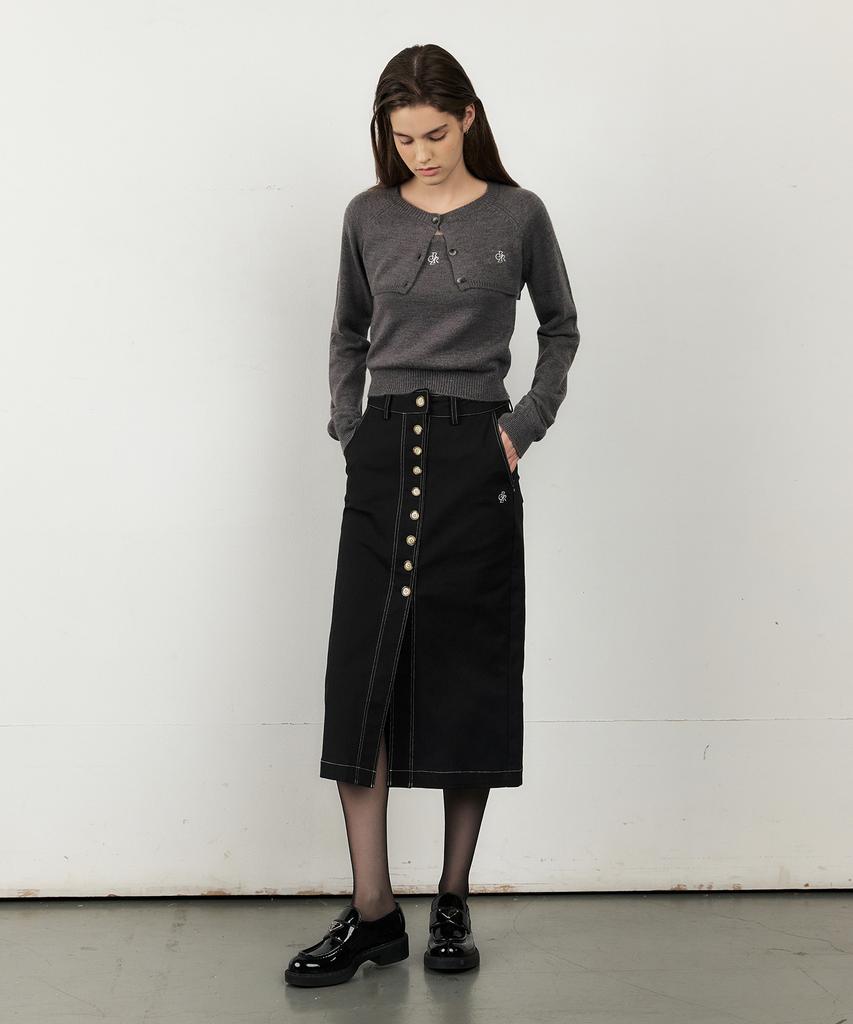 City Breeze Cotton Button-Up Long Skirt_Black