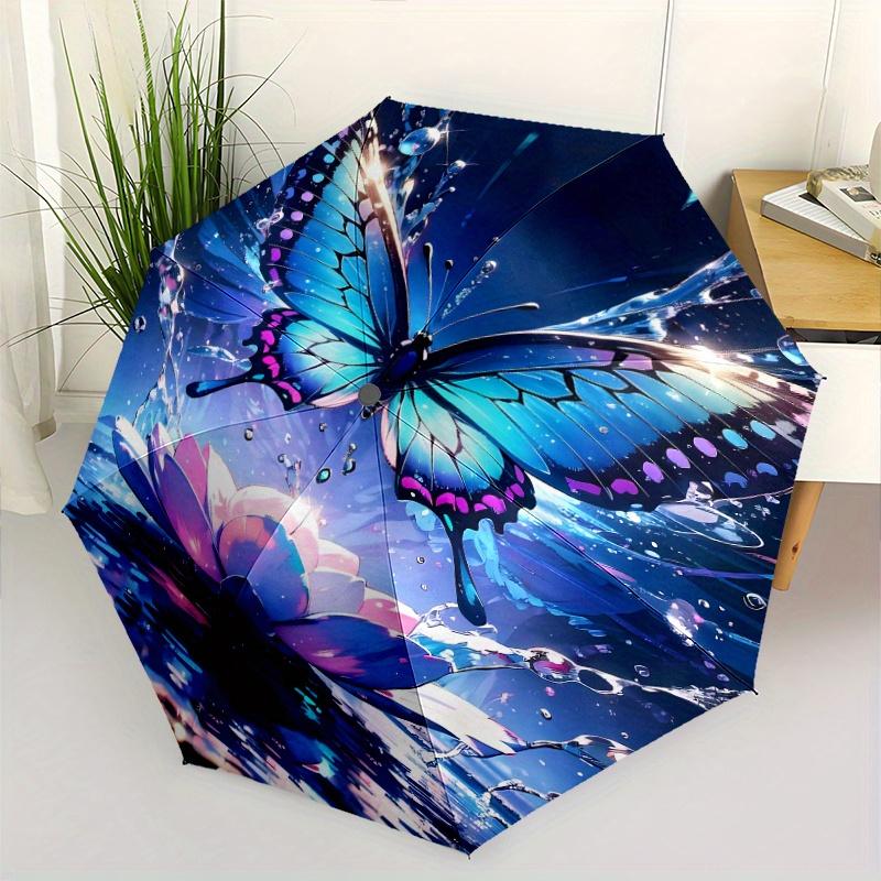 Automatic Open/Close Umbrella with Shield & - Elegant Blue Butterfly, for Lotus Flower Water Reflection Design - Sturdy 8-Rib