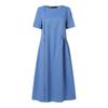 Summer O Neck Buttons A-line Loose Dress Short Sleeve Elegant Pleated Casual Dress Large Size Party Solid Color Fashion Ladies Female Simple Clothing